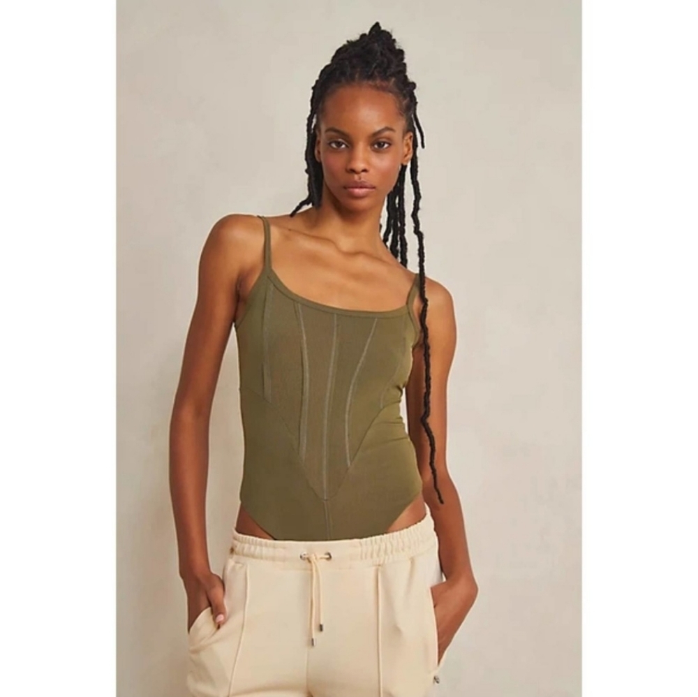 NWOT Free People That Girl Corset Bodysuit Thong Olive Green & Khaki XS